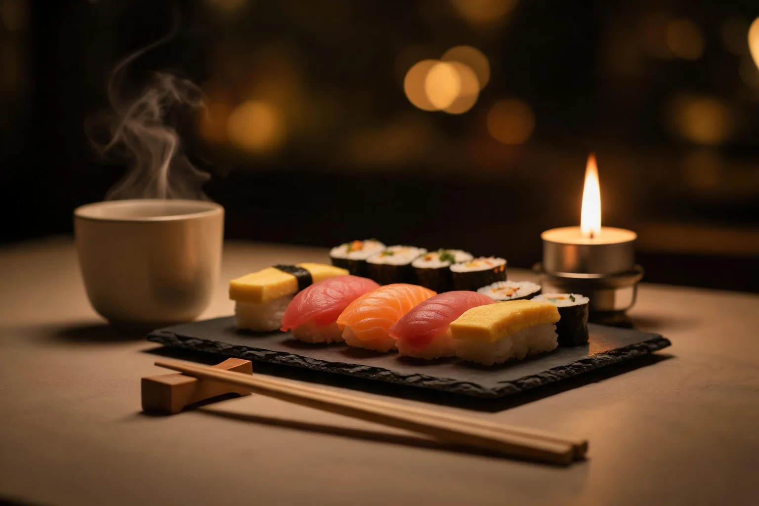 Table du soir : bougie, tasse de thé fumante et plateau de sushis (image d'illustration).