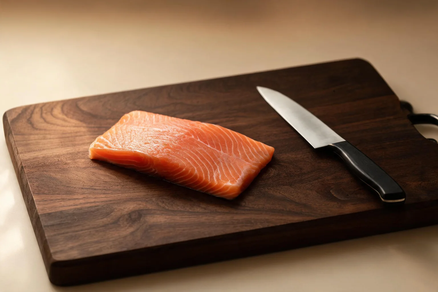 Un filet de saumon sur une planche sombre, à côté d'un couteau japonais. (image d'illustration)
