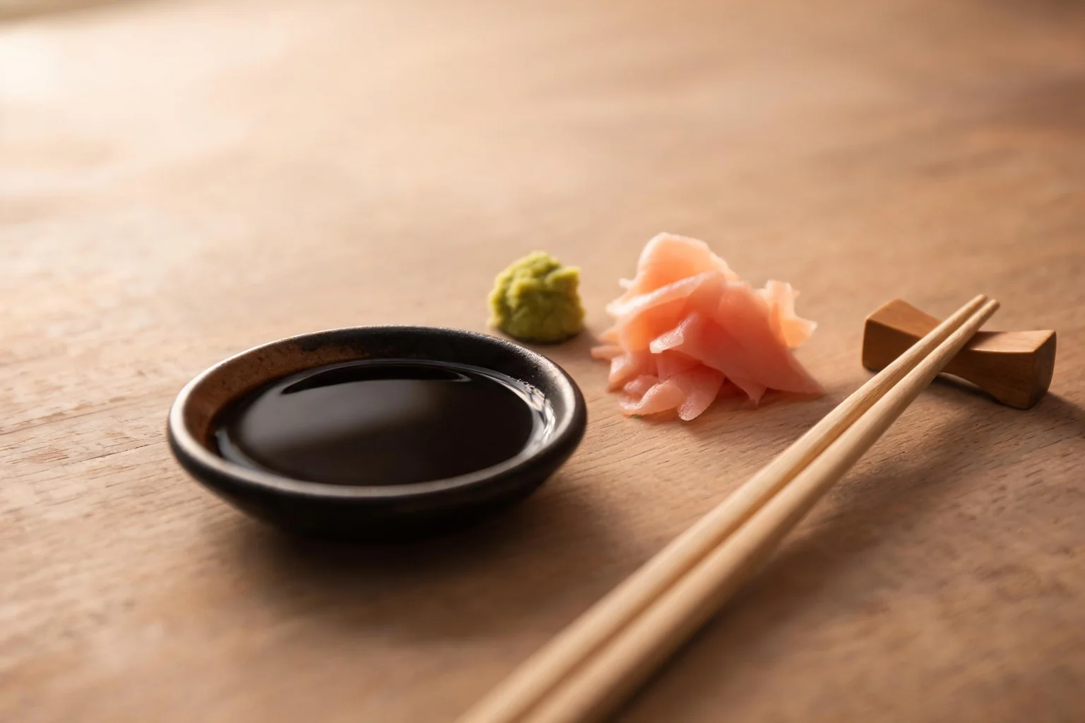 Une coupelle de sauce soja, du wasabi, du gingembre et des baguettes sur leur repose-baguettes. (image d'illustration)