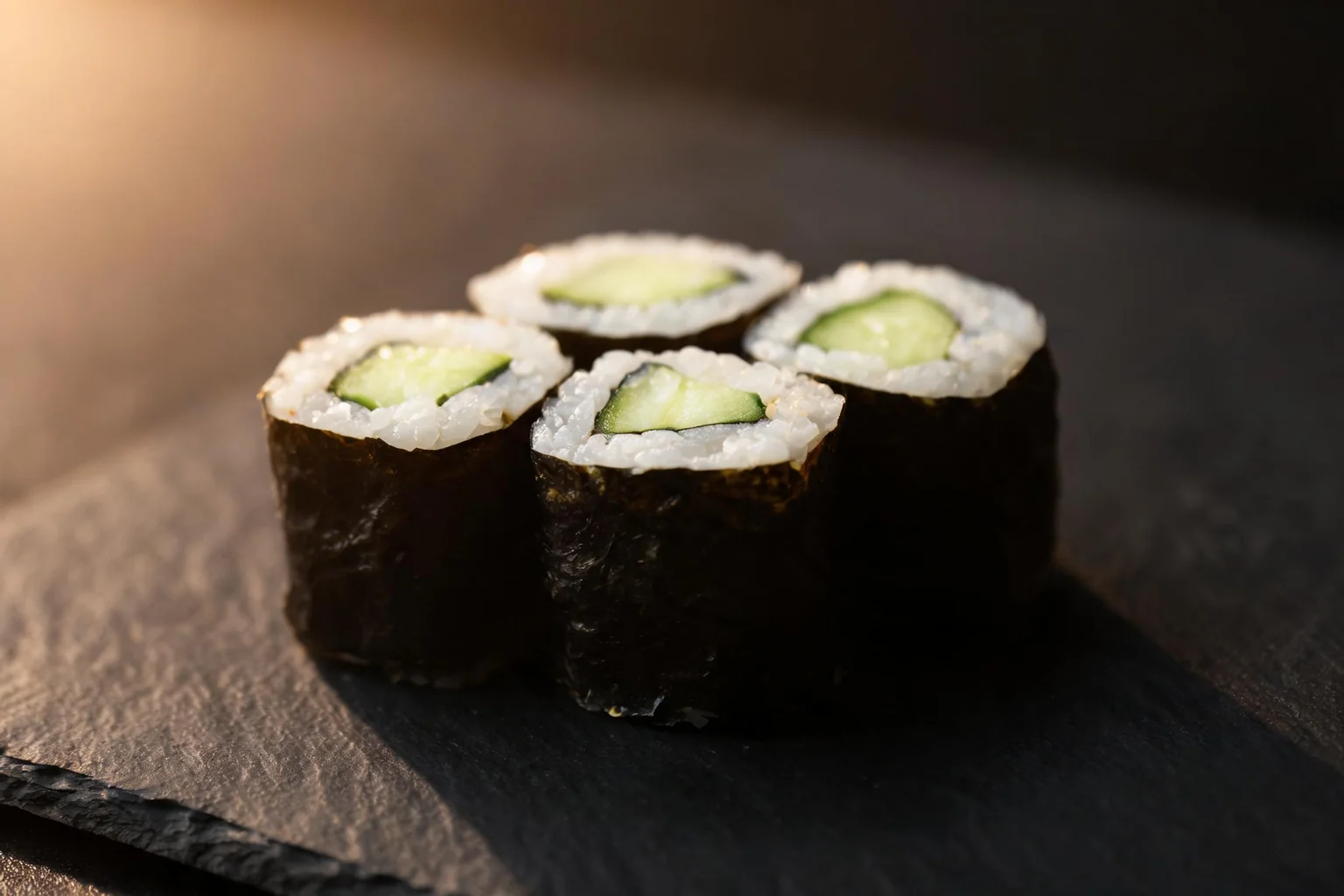 Des makis coupés sur une ardoise : riz, nori et concombre. (image d'illustration)