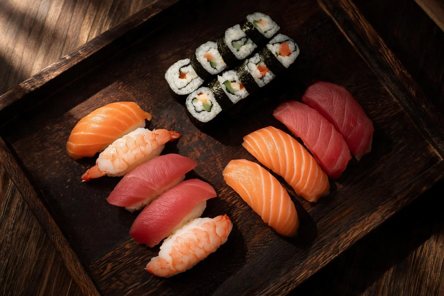 Un plateau en bois : nigiris saumon, thon et crevette, et des makis. (image d'illustration)
