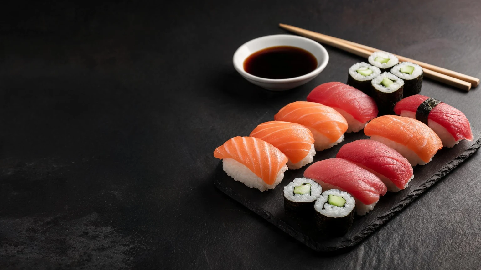 Nigiris au saumon et au thon, makis au concombre sur une ardoise noire, coupelle de sauce soja et baguettes.